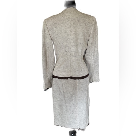 Liz Claiborne Suit Set Skirt Blazer Linen Blend Cream Brown Ruffle Cuff Trim 12P - Picture 3 of 13